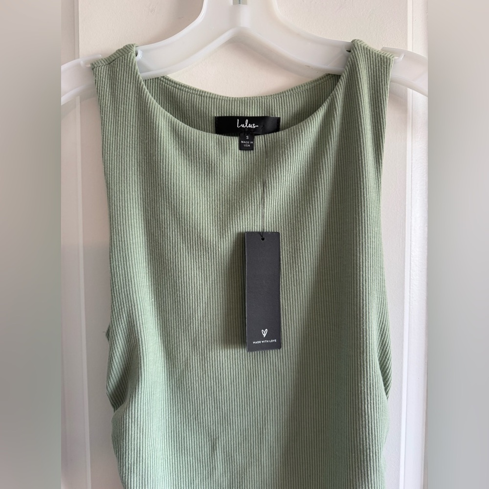 Lulu’s Over and Over Sage Green Ribbed Drawstring Ruched Bodycon Dress - Picture 7 of 9